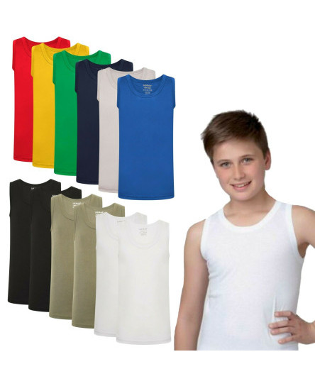 6 Pack Boys 100% Cool Cotton Vests 1 -13 years Back to School White Khaki Black